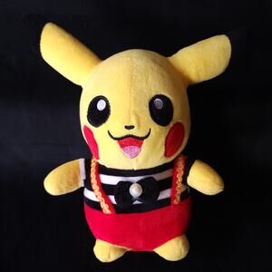 Rare French Pokemon Pikachu Plush Stuffed Animal Toy 9" Tall w/ Red Overalls